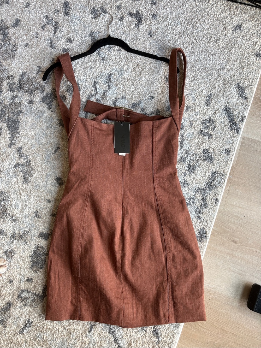 Rust-Brown Belt-Front Mini Dress with Wide Straps - Picture 5 of 5